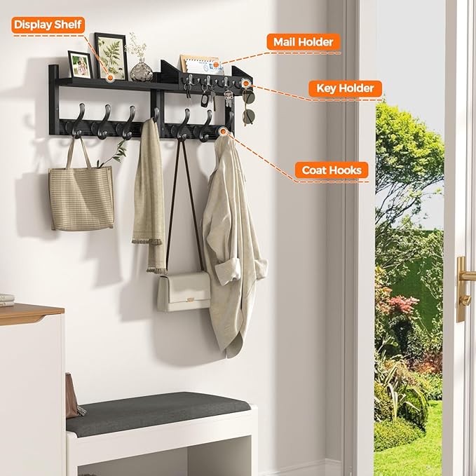 Evermagin 29" Coat Rack Wall Mount with Shelf, 4 in 1 Coat and Key Hanger with 11 Metal Hooks, Entryway Wall Mounted Shelf with Mail Holder for Living Room, Bedroom, Black