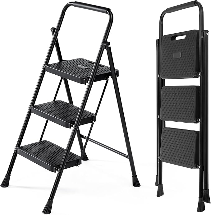 Smug Step Ladder, 3 Step Stool Foldable with Anti-Slip Pedal & Comfortable Handrail, 800lbs Capacity Sturdy Steel Ladder, Protable Heavy Duty Steel Stool for Kitchen, Garage & Outdoor Use, Black