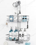 ODesign 2 Tier Stainless Steel Anodized Aluminum,Height-Adjustable Rustproof Shower Caddy Hanging Anti-Swing-Over The Shower Head Caddy-Bathroom Showe r Storage Organizer With Soap Box Holder- Sliver
