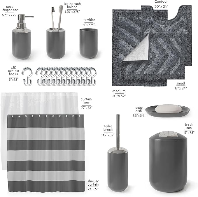 Clara Clark Bathroom Accessories Set - 23PC Shower Curtain Set with Bathroom Trash Can, Grey Bathroom Set, Bathroom Sets with Shower Curtain and Grey Rugs