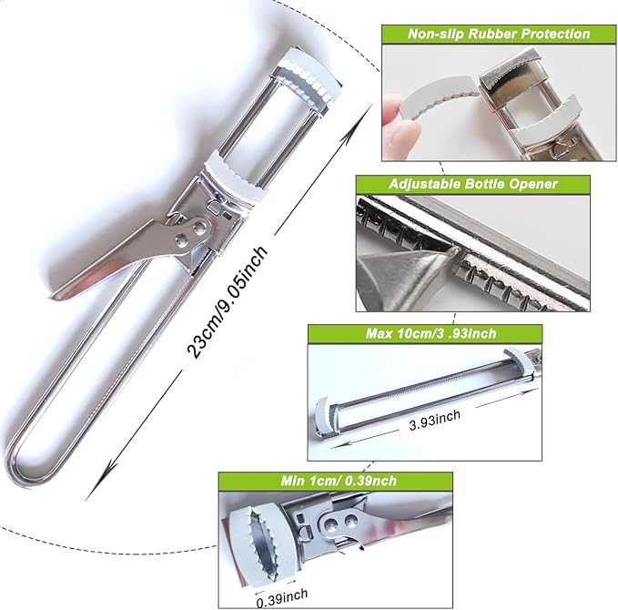 Adjustable Stainless Steel Jar Opener - Easy-Grip Kitchen Gadget for Jars, Bottles & Lids, User-Friendly Leverage Design,Effortless Grip for Seniors & Weak Hands (2 PC)