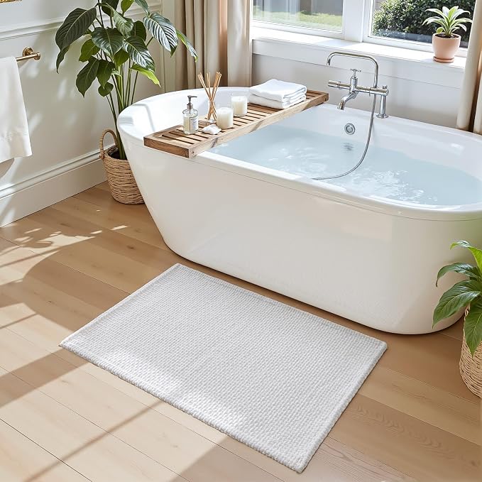 DEXI Bathroom Rugs 24x16, Non Slip Washable Bath Mat, Absorbent Chenille Bathmat, Ultra Soft Thick Carpet for Tub Shower Floor, White