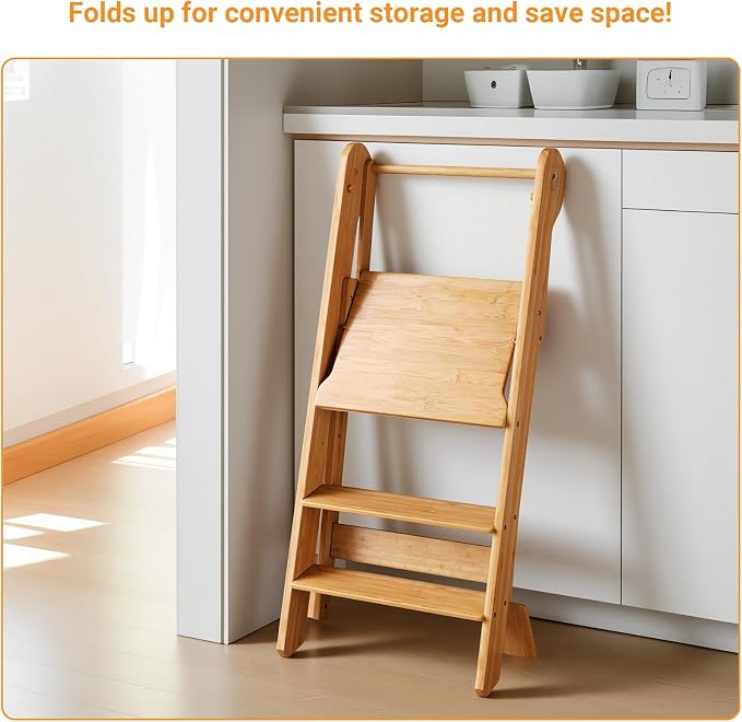 COSYLAND Foldable Toddler Standing Tower - Adjustable Height Folding Step Stool Kids Toddler Kitchen Stool for Learning and Cooking - Ages 18 Months to 6 Years with Safety Net Natural