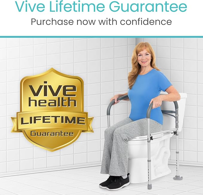 Vive Toilet Safety Rail - Medical Chair for Handicapped & Seniors - Folding Bathroom Frame w/Handles, Arms for Elderly, Disabled - Standalone Grab Bar - Seat Assistance Support Stand Up Assist