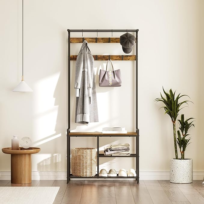 YATINEY Coat Rack Shoe Bench, 4-in-1 Hall Tree with Storage Shelves and Hanging Rod, Entryway Storage Organizer with 8 Movable Hooks, for Entryway, Hallway, Corridor, Rustic Brown and Black MT12BR