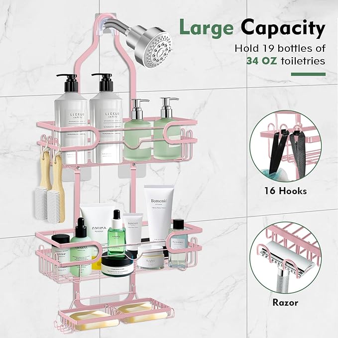 Shower Caddy Hanging, Over Head Shower Caddy Shower Storage Rack Basket with Hooks for Razor and Sponge Rustproof, No Drilling, Accessories for Bathroom and Kitchen, pink