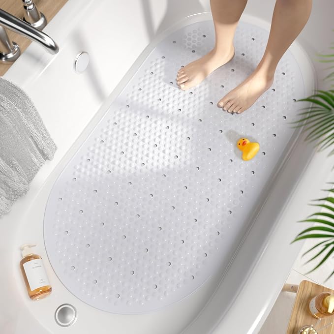 HITSLAM Non Slip Bathtub Mat, 27x15 Inch Bath Mat for Tub with Suction Cups and Drainage Holes, Machine Washable Oval Shower Mat for Kids, Seniors and Daily Use, Phthalate Free PVC, White