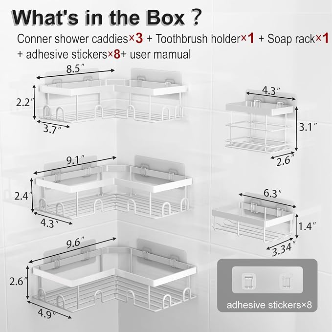 Liuoud Corner Shower Caddy 5 Pack, Rustproof Stainless Steel Shower Organizer with Soap Rack Toothbrush Holder, Large Capacity Adhesive No Drilling Bathroom Kitchen&Home Decor Set, White