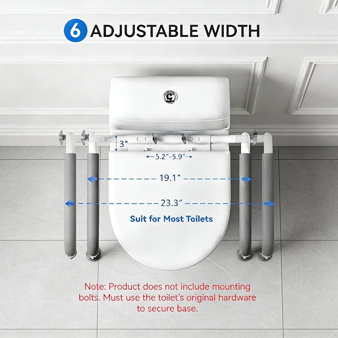 Toilet Safety Rails for Seniors | Reinforced Steel Frame, Padded Armrests, Adjustable Height & Width, for Elderly, Handicap & Post-Surgery, 350lbs Capacity
