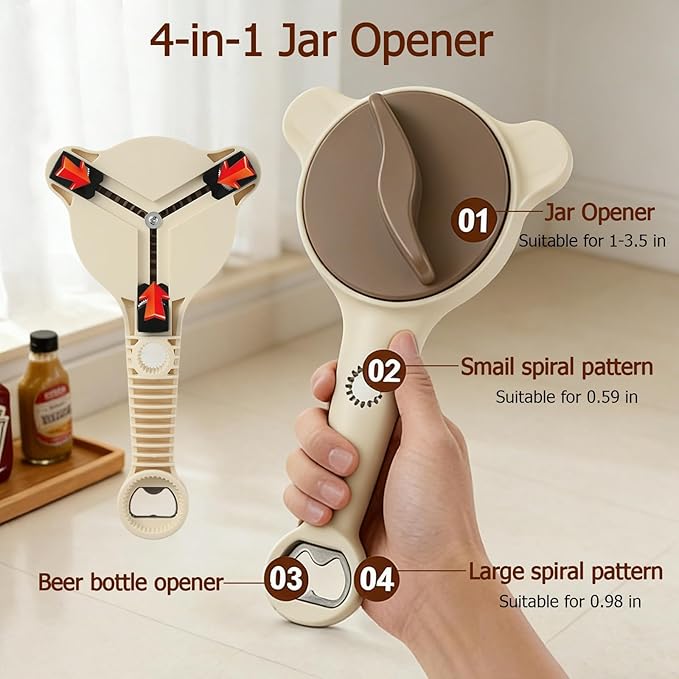 4-in-1 Jar Opener, Adjustable Jar Opener for Seniors, Kitchen Tool Designed Specifically for Seniors and Those with Limited Physical Strength, Suitable for Beer, Salad Dressing, Jar (Beige)