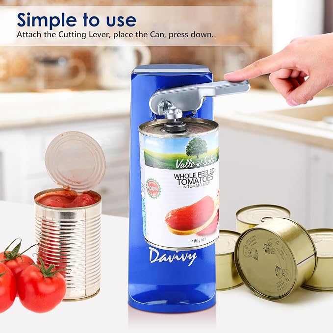 Davivy Electric Can Opener, One Touch Lid Opener, Removable Stainless Steel Cutter and 3-in-1 Design, with Sharpener and Bottle Opener (Blue-ABS)