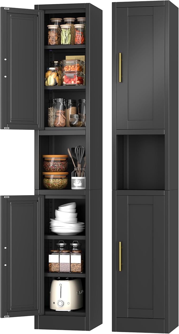 Metal Tall Narrow Storage Cabinet,67" H Freestanding Floor Cabinet with 2 Doors and 4 Adjustable Shelves,Pantry Storage Cabinets for Bathroom,Living Room,Entryway and Kitchen(Black)