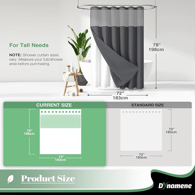 Dynamene 78 Inch Long Shower Curtain, Tall Waffle Fabric Shower Curtains for Bathroom, Hotel Waterproof Cloth Shower Curtain Liner Set with Hooks, Snap in Liner, Mesh Top Window, Charcoal Grey, 72x78