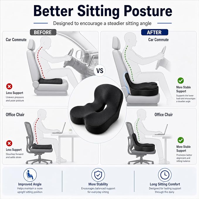 Orthopedic Cushion for Car, Extra Wide Thick Seat Cushion for Long Haul Driving with High Density Support and U-Shaped Tailbone Relief for Truck Drivers and Commuters (Black)