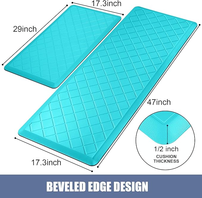 Cushioned Kitchen Mat 2 PCS, Anti Fatigue Kitchen Rugs, Heavy Duty Non-Skid, Ergonomic Comfort Foam Kitchen Floor Mat for Home, Office, Sink, Laundry, Teal