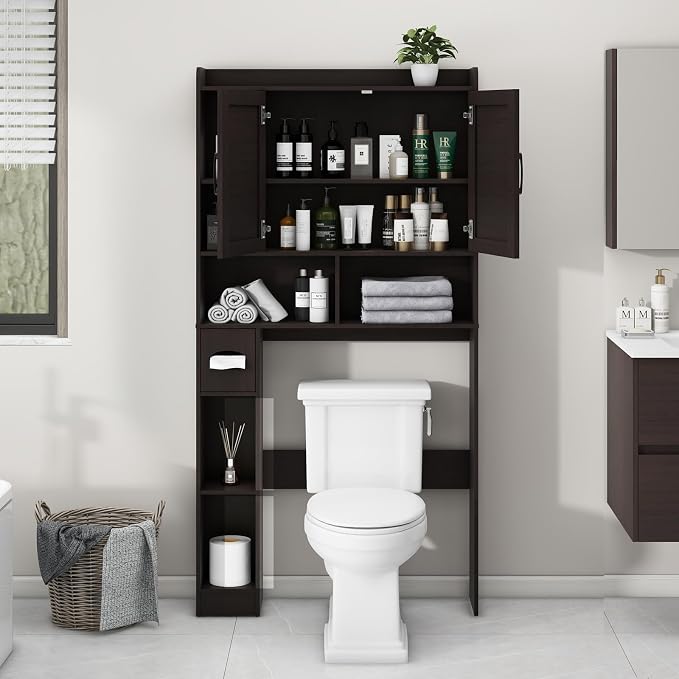 Vabches Over The Toilet Storage Cabinet, Farmhouse Storage Cabinet Over Toilet with 2 Barn Door & Toilet Paper Holder Stand，Home Space-Saving Toilet Rack, for Bathroom, Restroom, Laundry