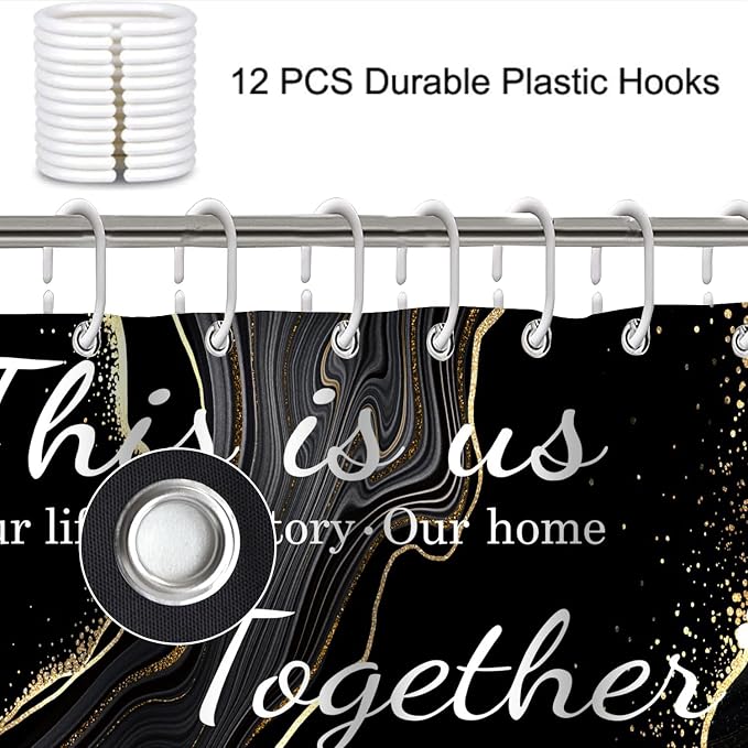 4Pcs Family Marble Shower Curtain Sets with Rugs,Black Home Inspirational Bathroom Decor Set, Bathroom Sets with Shower Curtain and Rugs, Waterproof Bathroom Shower Curtains, with 12 Hooks