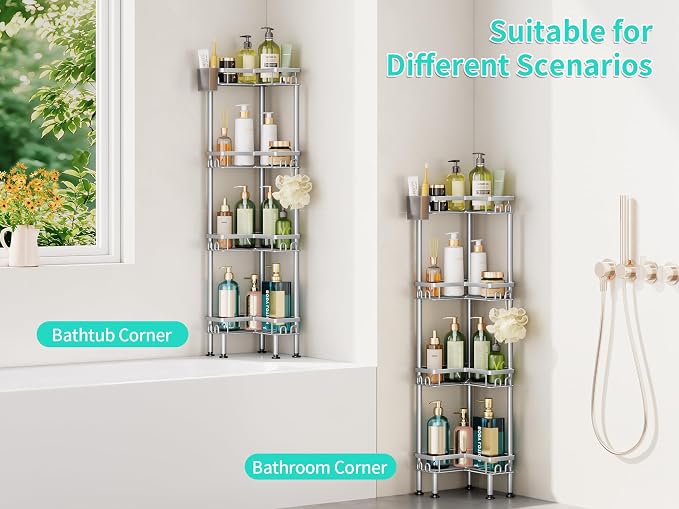 HapiRm Standing Shower Caddy Corner - 4 Tier Corner Shower Organizer with Toothbrush Holder and 16 Hooks, Large Capacity Rustproof Bathroom Shelves for Tall Bottles, Silver