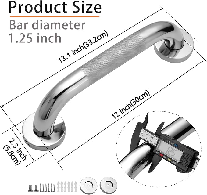 Rockgoya Shower Grab Bar, 2 Pack 12 Inch Bathroom Grab Bar, 304 Stainless Steel 1.25" Diameter Anti-Slip Handicap Grab Bar Support Shower Rail Senior Handrail Shower Safety Bar Handle