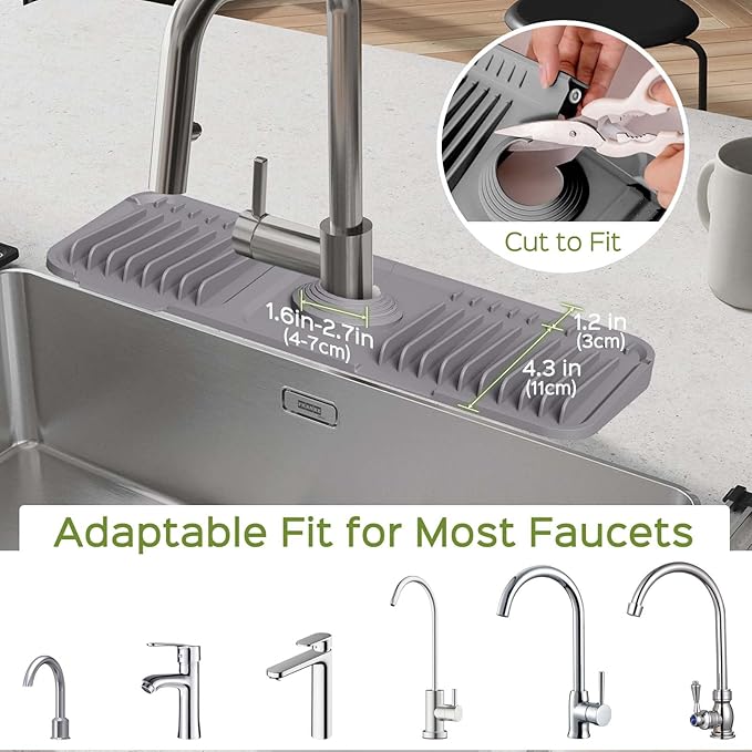 15 Inch Silicone Faucet Mat for Kitchen Sink Splash Guard – 2025 Upgraded Draining Mat with Water Tray Behind Faucet – Countertop Protectors to Catch Spills (Gray, 14.6" x 5.5")