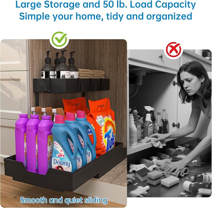 NATURE'S SOURCE 2 Pack Under Sink Organizer 2 Tier Sliding Cabinet Organizers Multi-Purpose Sink Storage Basket L-Shape Narrow Space Storage Shelves with 4 Hook for Kitchen Bathroom Drawer, Black