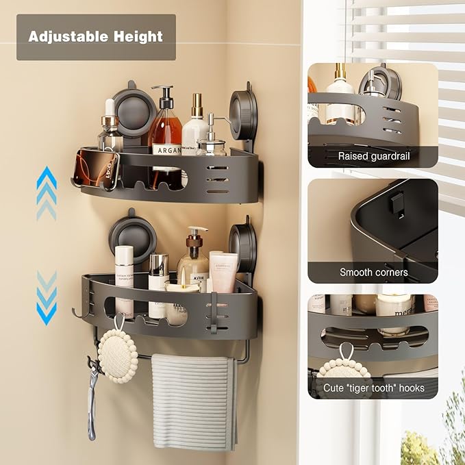 Voldra Corner Shower Caddy Suction Cup, Aluminum Corner Shower Shelves for Wall No Drilling, Large Suction Cup Shower Organizer with Towel Bar & Hooks Removable Bathroom Storage Rack(2 Pack-Gray)