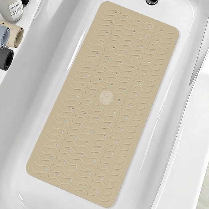 Non Slip Bathtub Mat & Shower Mat, 31x15'' Anti Slip Bath Mat for Tub, Soft TPE Anti-Skid Bathroom Mat with 194 Suction Cups & Drain Holes, Wave-Textured Grip, Machine Washable,Brown
