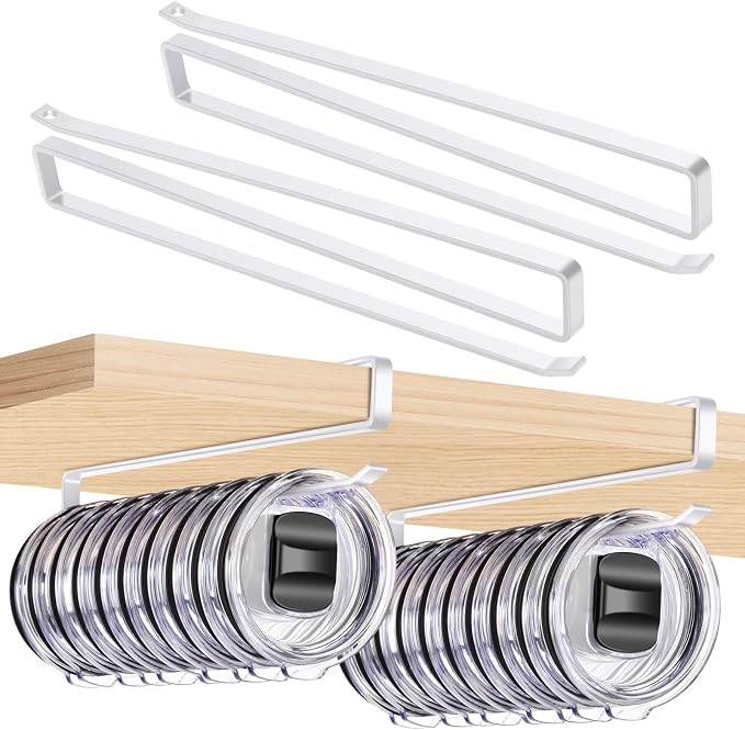 Tumbler Lid Organizer, Cup Lid Holder for Drinking & Straw Lids Under Cabinet, Round Wire Space Saving Kitchen Storage Hook, No Drilling, Carbon Steel, Black