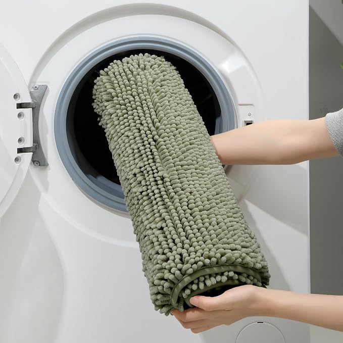 HOMEIDEAS 3 Pieces Bathroom Rugs, Ultra Soft Non Slip Absorbent Chenille Toilet Bath Mat Set (Sage Green)