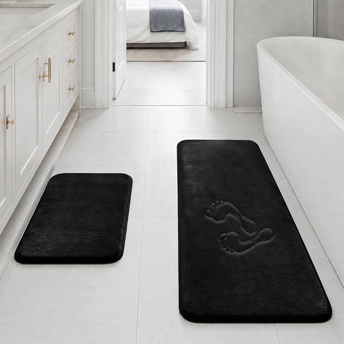 HUXMEYSON Bathroom Rugs Sets 2 Piece, Non-Slip & Quick Dry Bath Mat Set, Ultra Soft Velvet Bath Rugs for Bathroom, Toilet and Shower Floor, Black