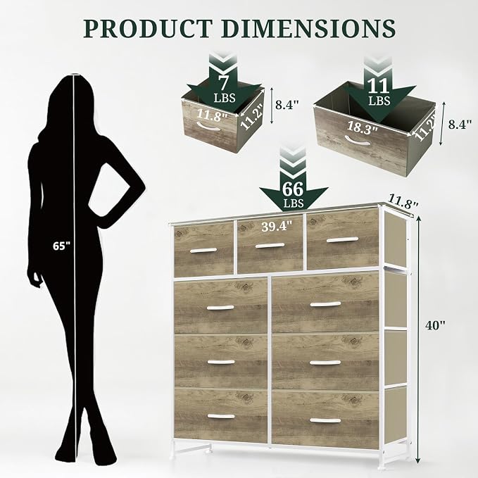 9-Drawer Dresser for Bedroom, Anti-Tip Tall Storage Organizer Chest of Drawers with Wooden Top and Metal Frame Fabric Bins for Closet, Living Room, Hallway, Entryway, Greige Oak