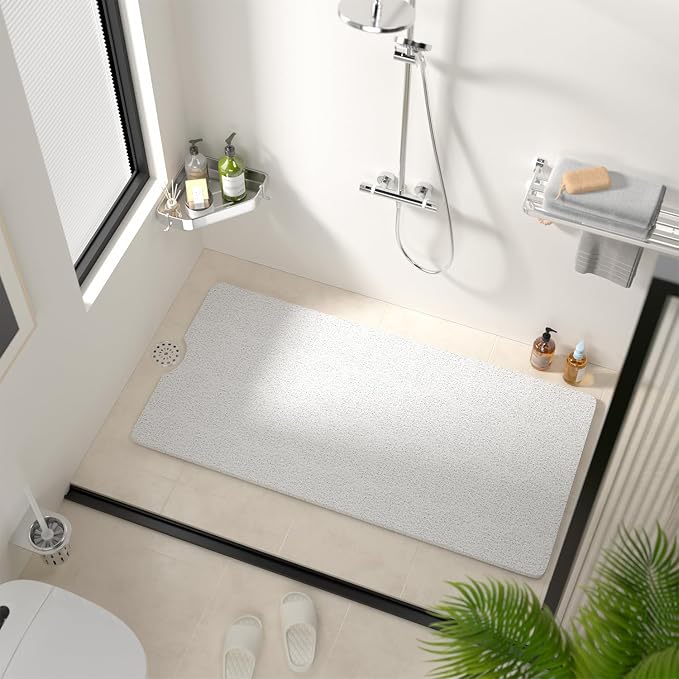 HITSLAM Non Slip Bathtub Mat 40 x 20 Inch, Extra Long Bath Mat for Tub, Soft PVC Loofah Shower Floor Mat with Drain, Quick Drying Bathroom Tub Mat for Wet Area, Without Suction Cup, White