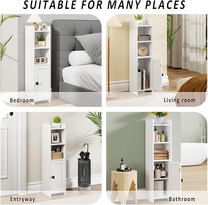 Lomojo Small Bathroom Storage Cabinet Corner, Floor Cabinet with Adjustable Shelves, Freestanding Narrow Bathroom Toilet Paper Organizers for Small Spaces, White