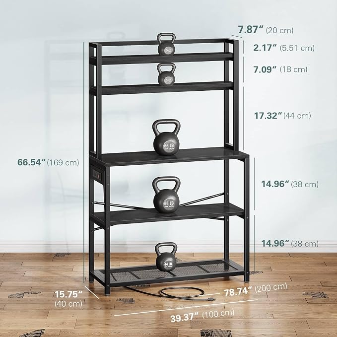 Denkee Large Bakers Rack with Power Outlets, 38 Inch Microwave Stand with Storage, 5-Tier Coffee Bar Stand, Industrial Kitchen Shelf Rack, Black