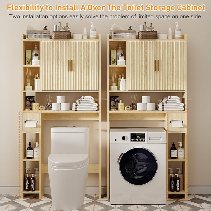 knoworld Fluted Over The Toilet Storage Cabinet, Above Toilet Bathroom Organizer with Toilet Paper Holder, Modern Behind Toilet Cabinet, Space Saver for Restroom, Bathroom, Laundry, Natural Oak