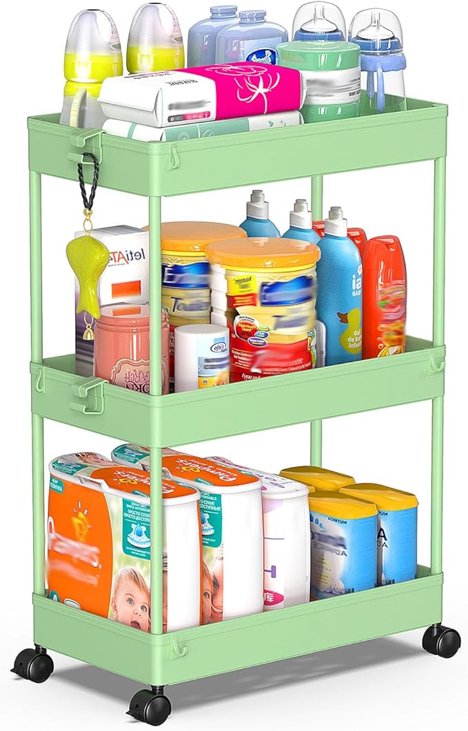 SPACEKEEPER Green 3-Tier Rolling Storage Cart, Bathroom & Kitchen Organizer, Modern Plastic Frame, Adjustable Shelves