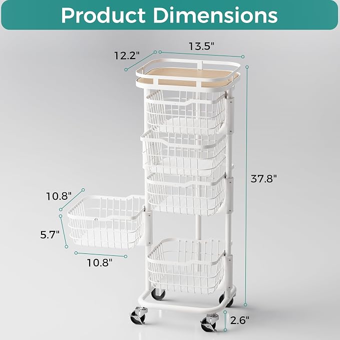 5 Tier Kitchen Fruit Vegetable Storage Cart with Rotating Basket, Rolling Rack Shelf Organizer Floor Stand on Wheel for Snack Spice Produce Veggie Onion Potato Bin, Vianderos Para Cocina, White