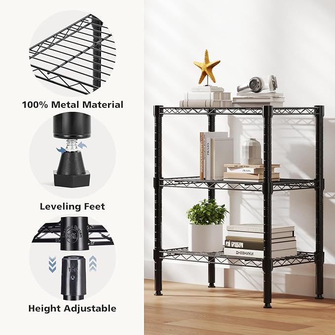 DUMOS 3-Tier Metal Wire Storage Shelves, Adjustable Standing Storage Rack Shelf, Heavy Duty Steel Shelving Unit Organizers for Kitchen Bathroom Pantry Garage, 23.2" Wx13.4 Dx30.1 H, Black