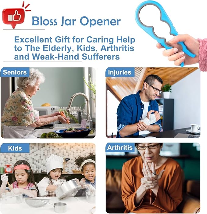 Bloss Anti-skid Jar Opener Can Opener Kitchen Grippers, 4 in 1 Multi Function Bottle Opener Lid Opener for Seniors with Arthritis, Caps and Bottles Kitchen Gadgets For Small Hands or Seniors, Blue