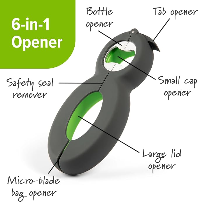 6-in-1 Multi Kitchen Opener - Stainless Steel Multi-Use Tool for Opening Bottles, Cans, Jars, Caps, Compact Design