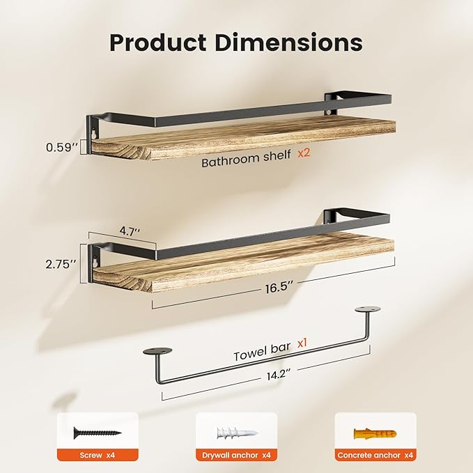 AMADA HOMEFURNISHING Bathroom Shelves with Towel Bar, Floating Shelves, Wall Shelves for Bathroom/Living Room/Kitchen/Bedroom, Light Brown, Set of 2 - AMFS01