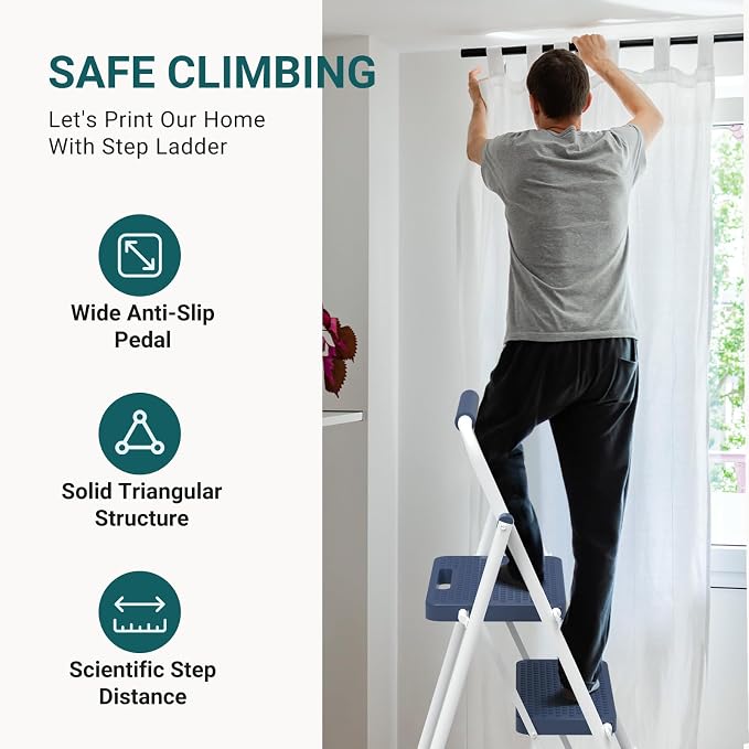 Smug Step Ladder, 2 Step Stool Foldable with Anti-Slip Pedal & Comfortable Handrail, 800lbs Capacity Sturdy Steel Ladder, Protable Heavy Duty Step Stool for Kitchen, Garage & Outdoor Use, Blue