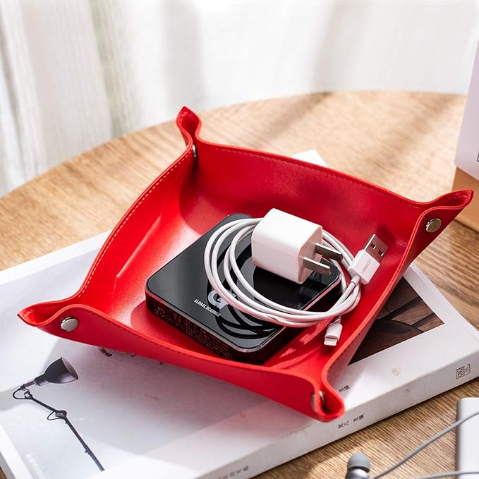 Leather Jewelry Valet Tray for Women and Man, Portable Entryway Table Tray Bedside Nightstand Desk Tray Small Catchall Travel Dish Plate for Key,Wallet,Watch,Coin (Red-B)
