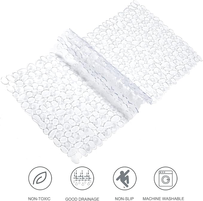TEESHLY Bath Tub and Shower Mats, Non-Slip Pebble 35 x 16 Inches Machine Washable Bathtub Mat with Drain Holes, Suction Cups for Bathroom (Clear)