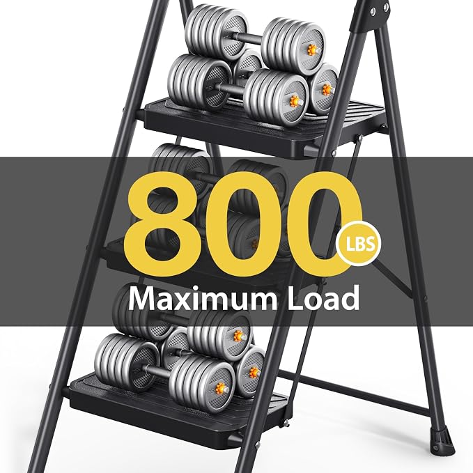 KINGRACK 3 Step Ladder, Sturdy Steel Step Stool with Anti-Slip Wide Pedals, Handrail, Safe-Lock Design, Pass 800lbs Load Testing, Folding Portable Ladder for Multi-Purpose, Home, Kitchen, Black