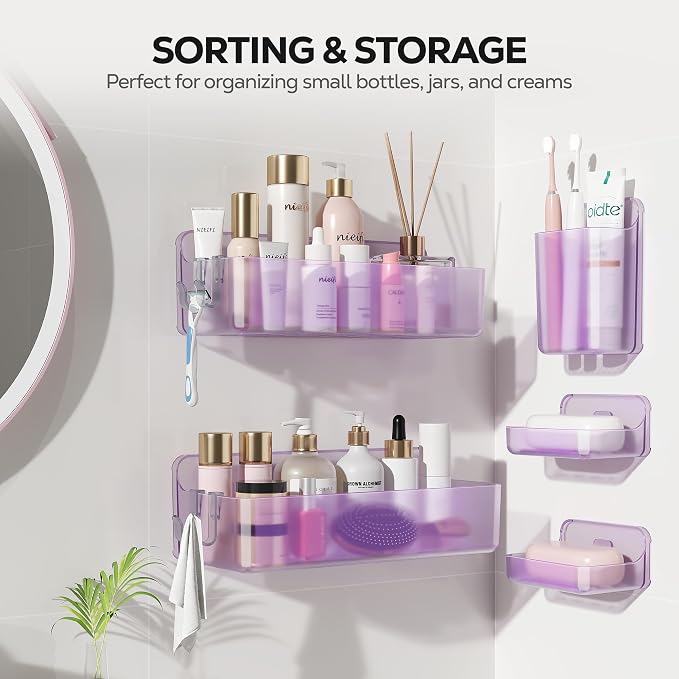 Nieifi Adhesive Wall Shelf, Shower Shelves, Shower Organizer for Bathroom Organization (Purple-Clear, 5 pieces)