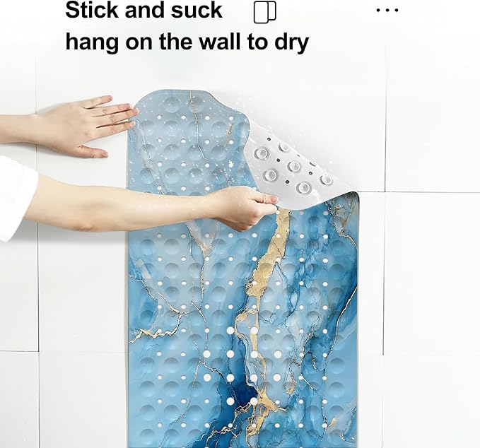 LNOND Marble Bath Tub Mat Non Slip, Extra Long 40 X 16 Inch Anti Slip Mat for Bathtub, Blue Gold Marble Shower Mat with Drain Holes and Suction Cups, Machine Washable