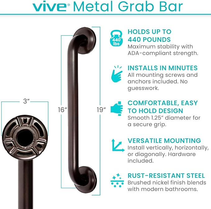 Vive Grab Bar for Showers - Bathroom Antislip Handrail for Seniors, Elderly Assistance Product, Heavy Duty Shower Handles, Handicap Grab Bars, Stainless Steel, Multipurpose, 440 lbs (Dark Bronze)