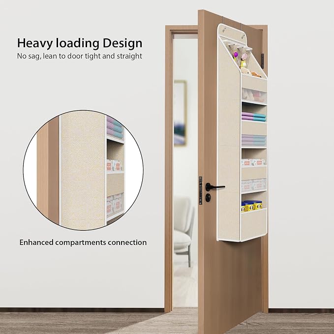 Univivi 5-Shelf Over Door Hanging Organizer Fabric Door Storage with 4 Large Pockets and 3 Small PVC Pockets Wall Mount Hanging Storage Organizers for Baby Nursery (Beige Pattern)