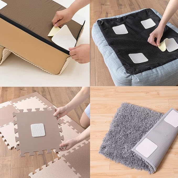 Rug Pad Gripper for Hardwood Floor Non-Slip Vacuum Tech Invisible Carpet Gripper Pads Self Adhesive Carpet Grips for Tile Washable Cuttable Rug Corner Grippers 4Pcs